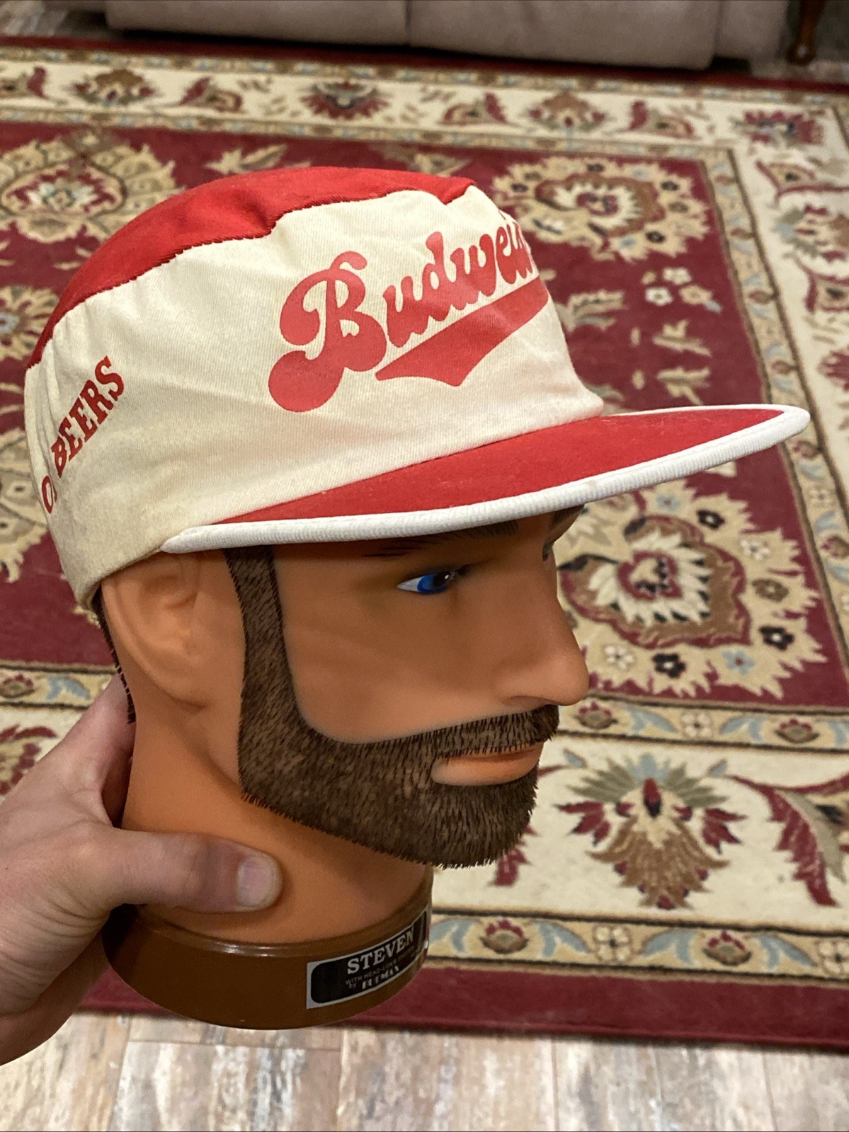Vintage Budweiser King of Beers CrowPainters Cap Hat One Size Stretch RED WHITE