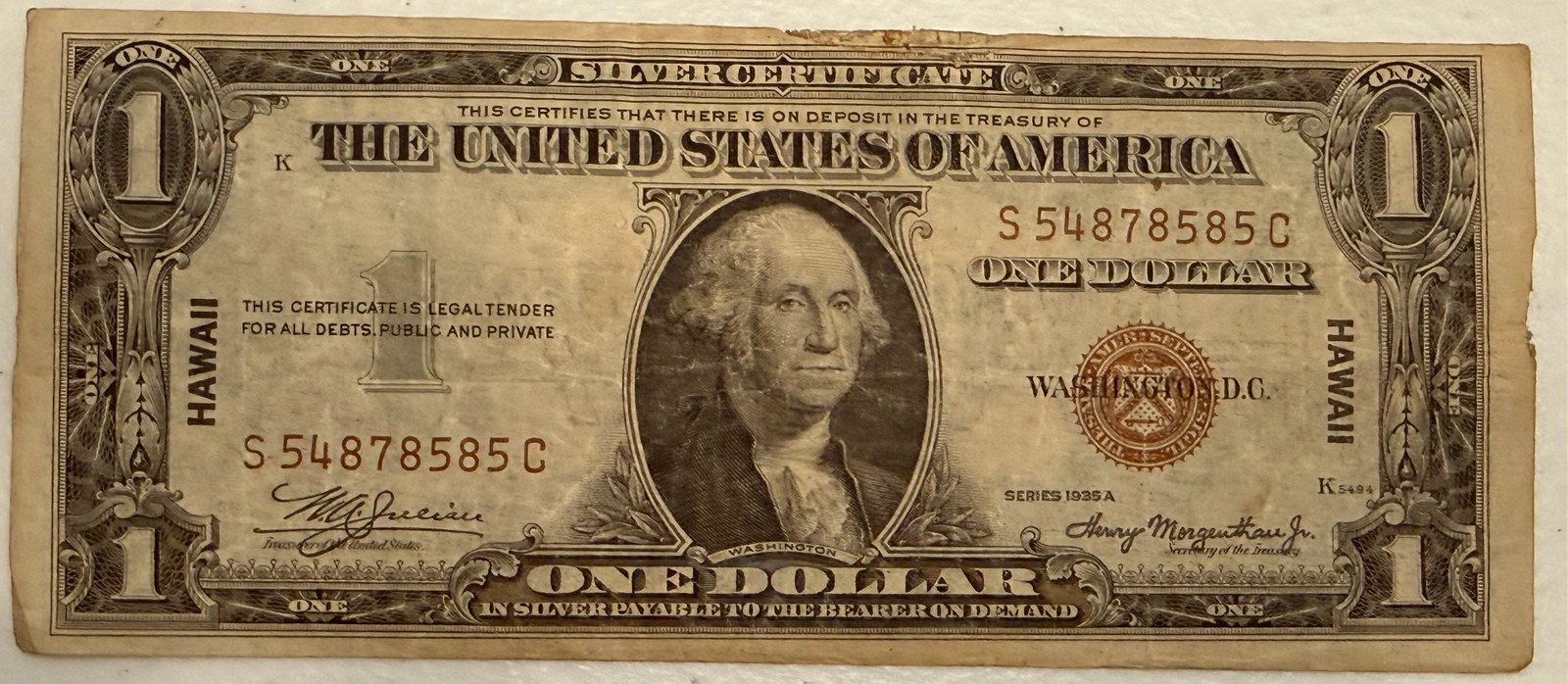 1935-A HAWAII brown seal $1 silver certificate. Emergency Issue. Fine S54878585C