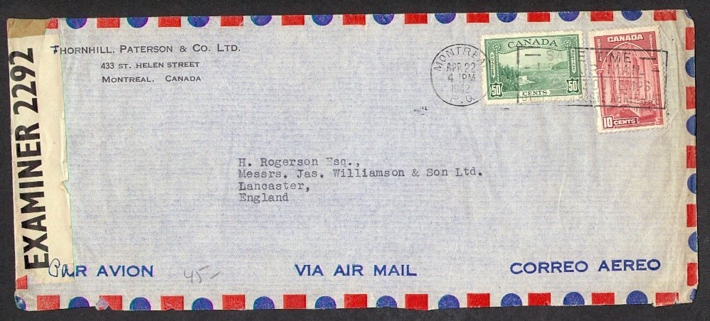 CANADA 1942 50c VICTORIA COMBO COMMERCIAL AIRMAIL CENSORED TO UK