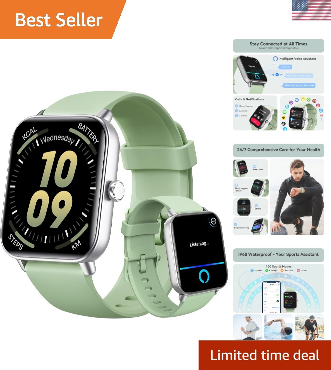 Health Monitoring Smart Watch with Bluetooth & 1.8" Display for Men & Women