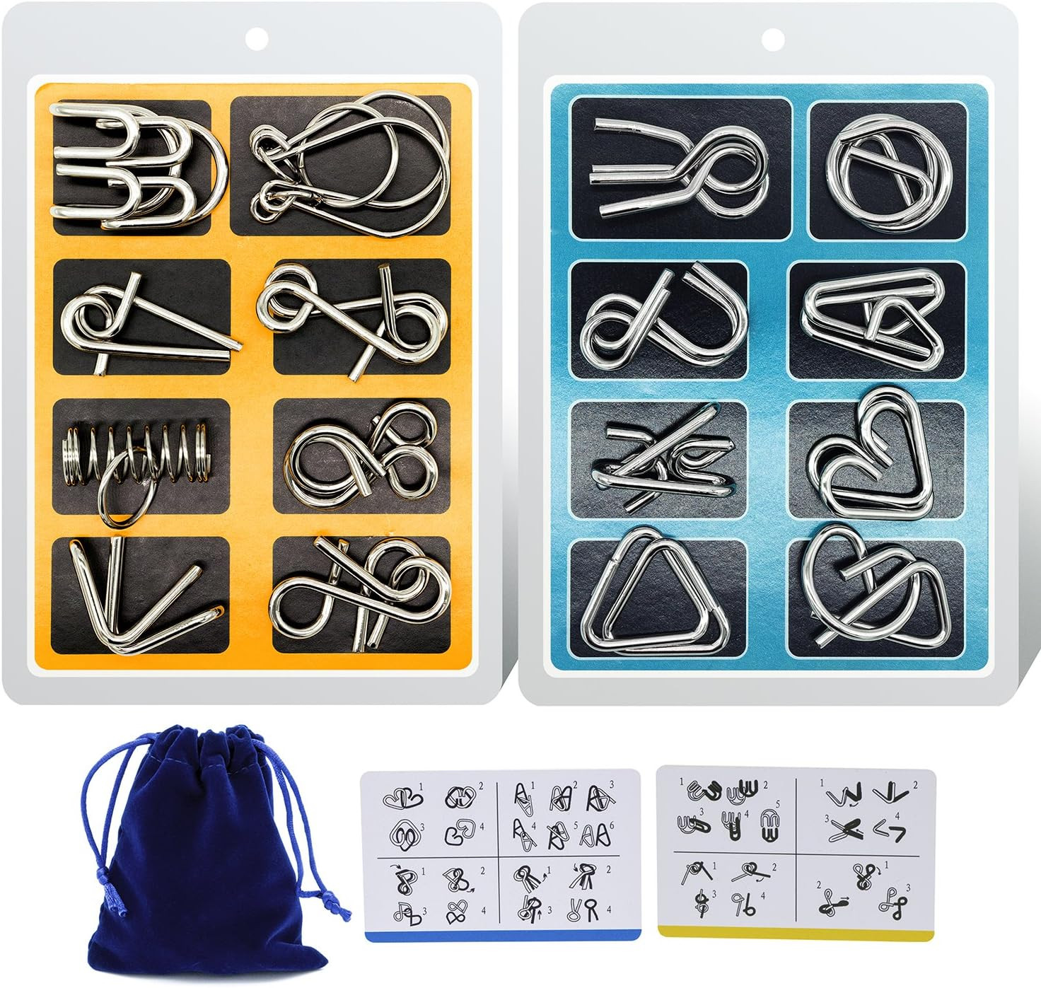 Metal Wire Puzzle 16-Piece Set with Pouch – IQ Test Brain Teaser Disentanglement