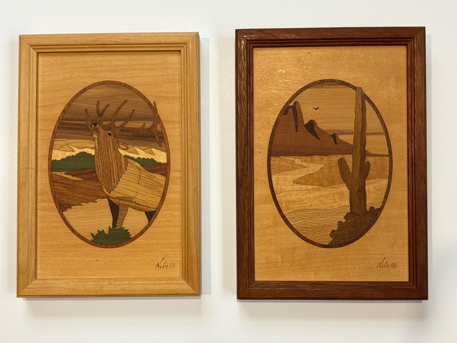 Hudson River Inlay Elk & Saguaro Cactus Wood Marquetry Jeff Nelson Cabin Art