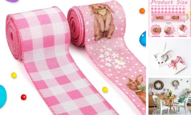 2 Rolls Easter Fabric Ribbons Easter White Pink Plaid Bunny Flower style4