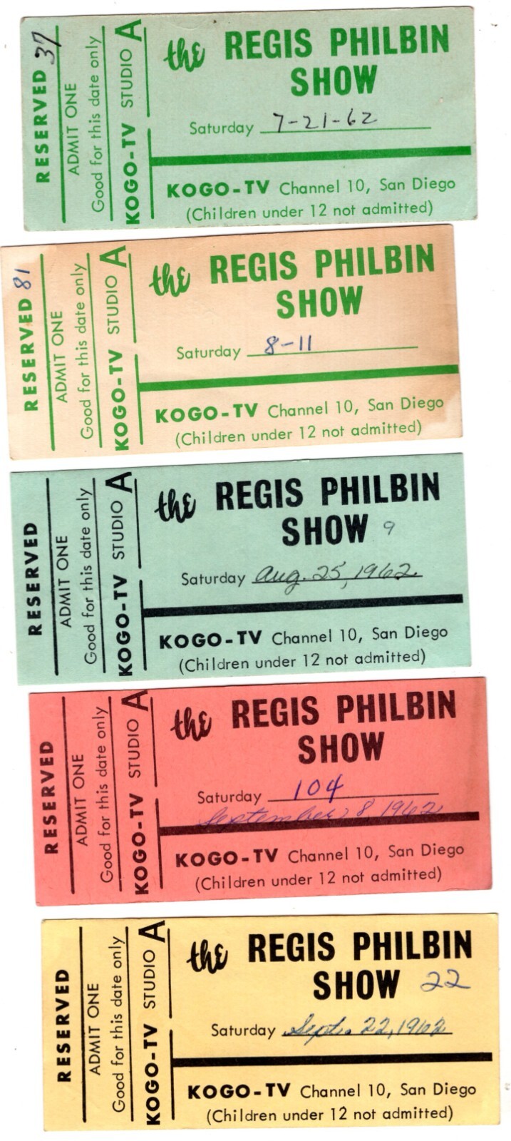 Lot of 5 Vintage 1962 Regis Philbin Show Tickets KOGO-TV Channel 10 San Diego CA