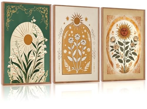  Bohemian Sun Floral Framed Canvas Wall Art Set, 24"L x 36"W Boho Flower