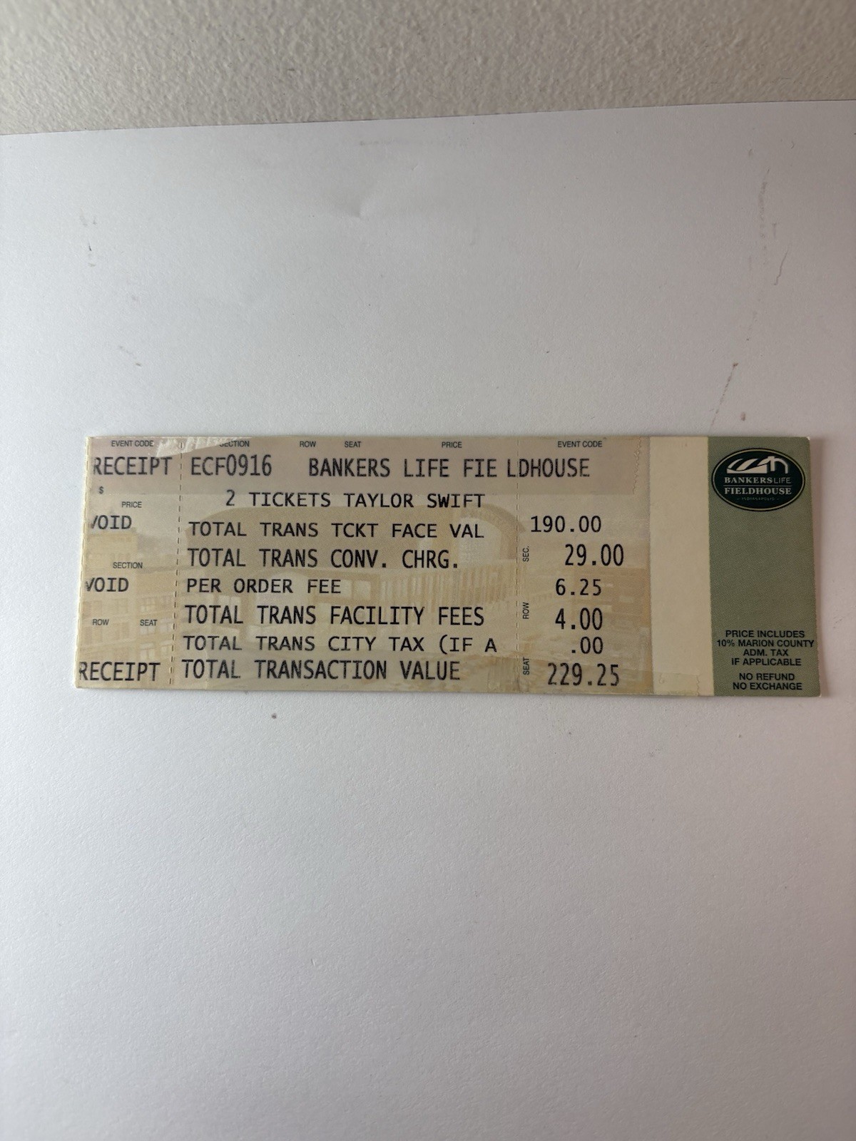 Receipt for  Two Tickets to a Taylor Swift Concert at Bankers Life Field House