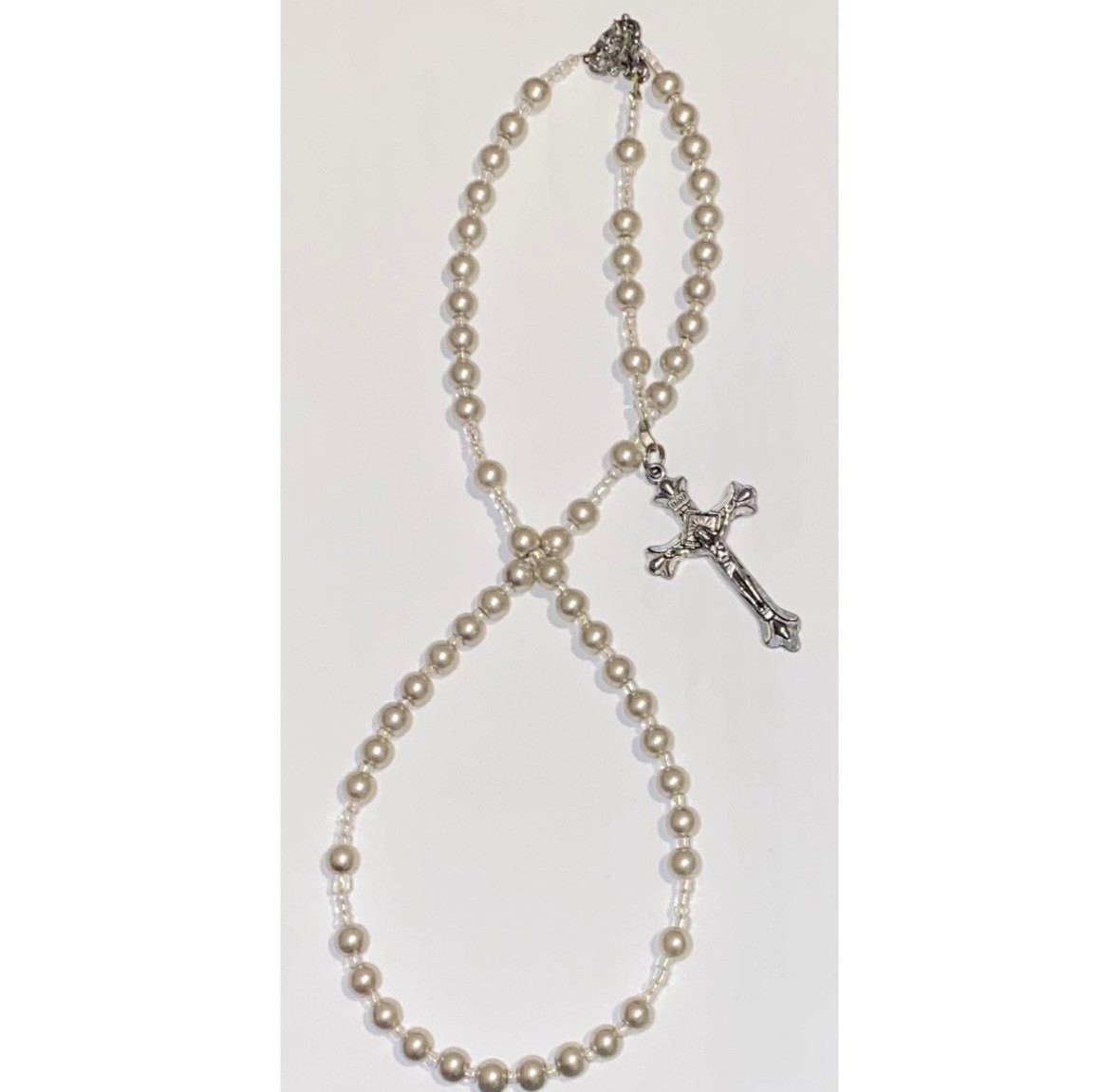 Pearl Beige Rosary Beads with Silver Jesus Crucifix Rosaries Handmade Jewellery
