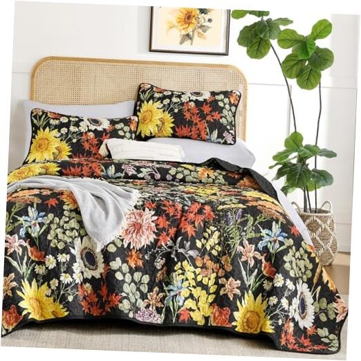  Floral Quilts Queen Size Yellow Sunflower Botanical Fall Queen 96"x90" Black
