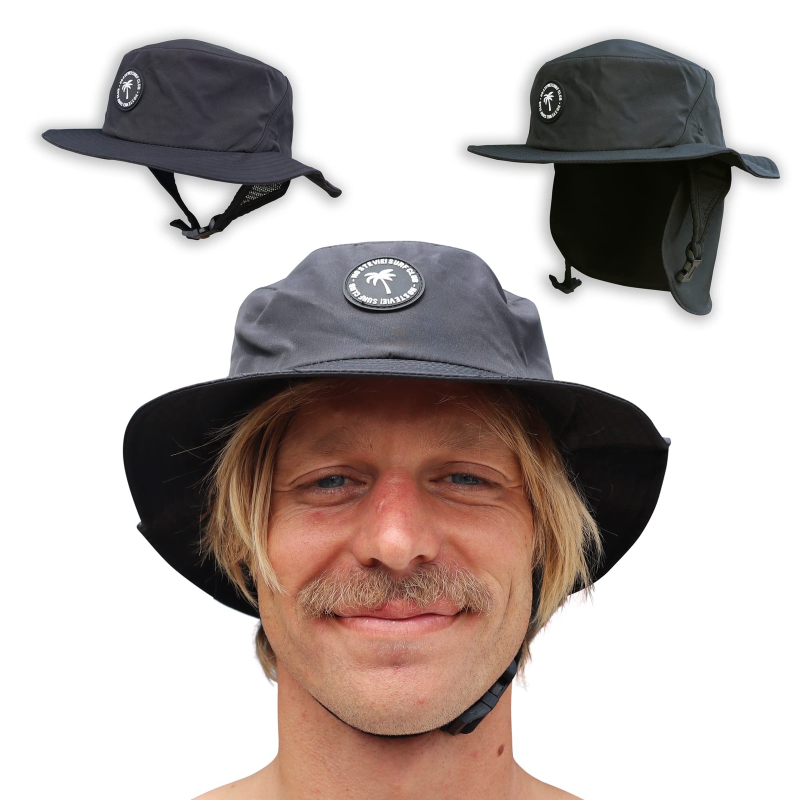 Surf Bucket Hat w/ Chin Straps, UPF50+, Floating, for Watersports L (24" H