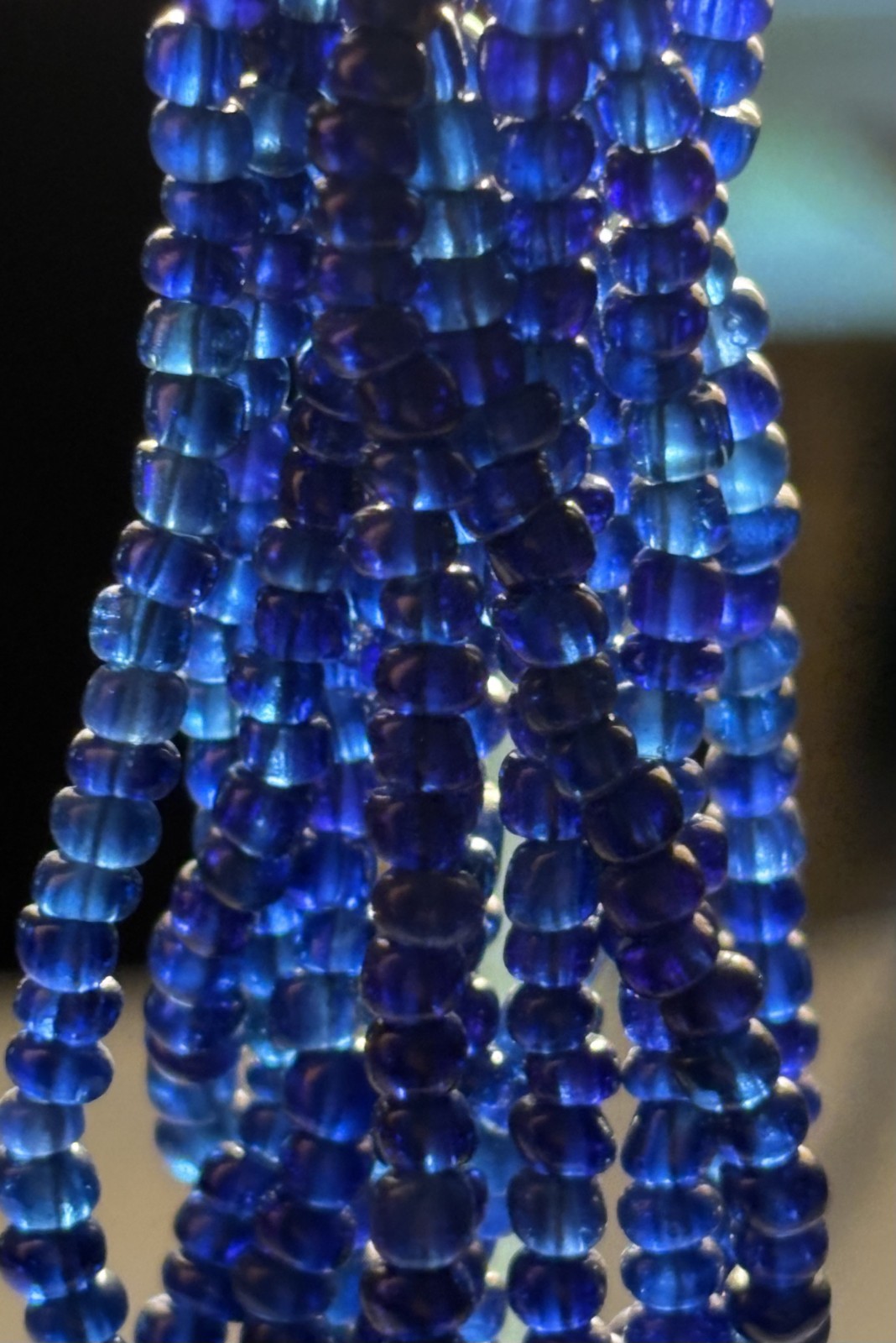 Antique Hank Handmade Shiny Large Round Clear Vivid Blue Glass Beads 1800's