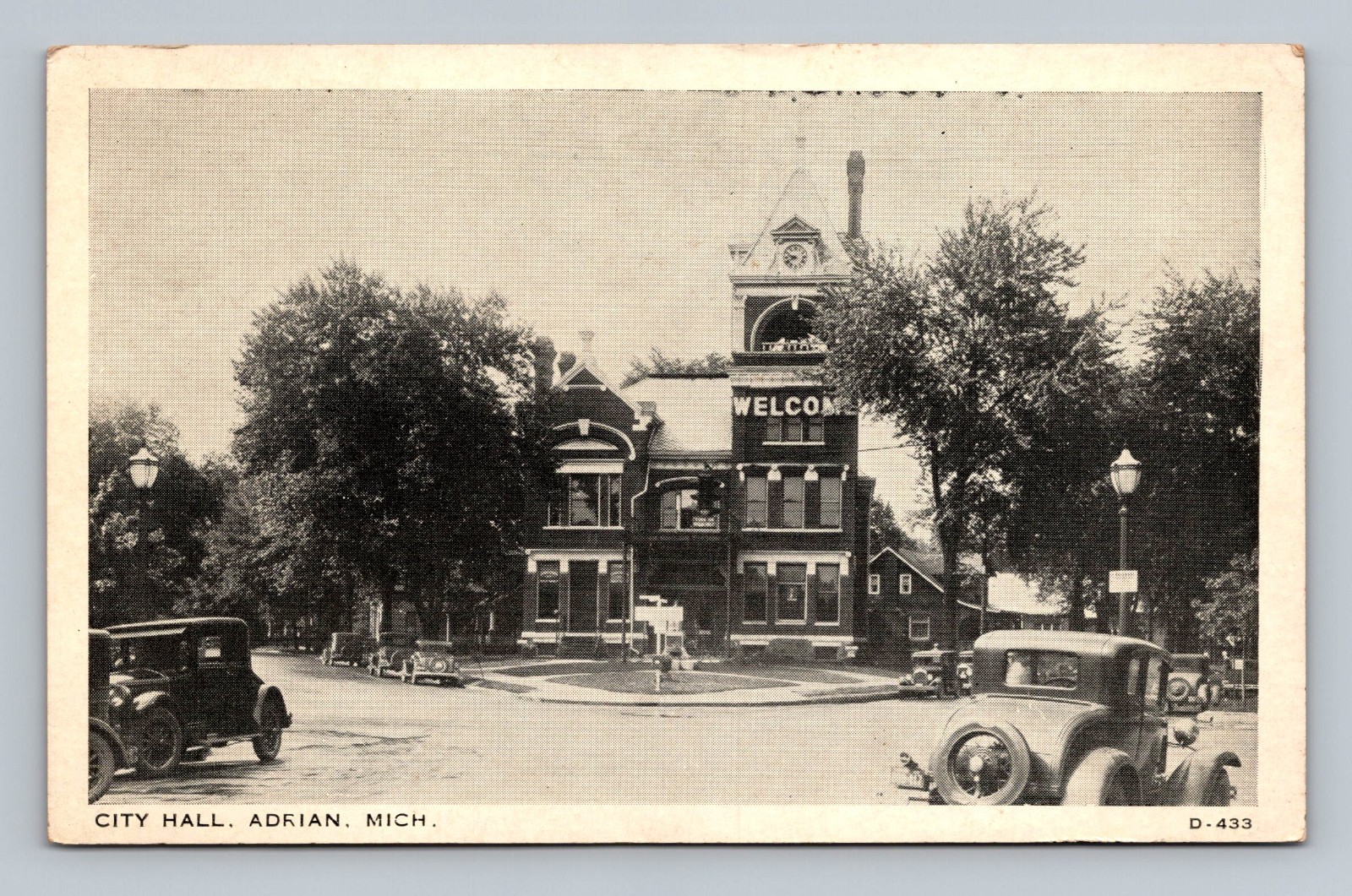 Adrian Michigan MI City Hall Street View Cars Welcome Sign Postcard