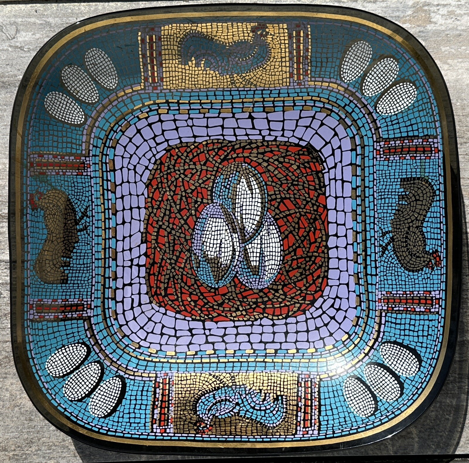 Vintage Mid Century Dan Baird Blue Mosaic Chicken Egg Glass Plate Serving Dish