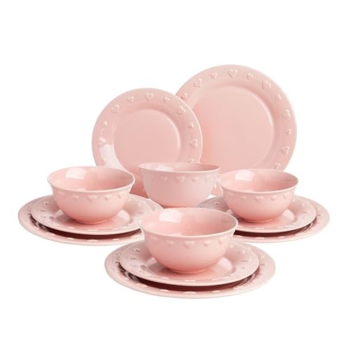  12-Piece Dinnerware Set, Embossed Hearts. Iconic Ceramic Stoneware Service 