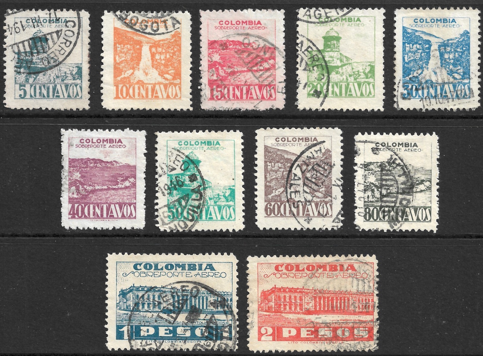 Colombia Scott C134-144 VF Used Airmail Set Issued 1945