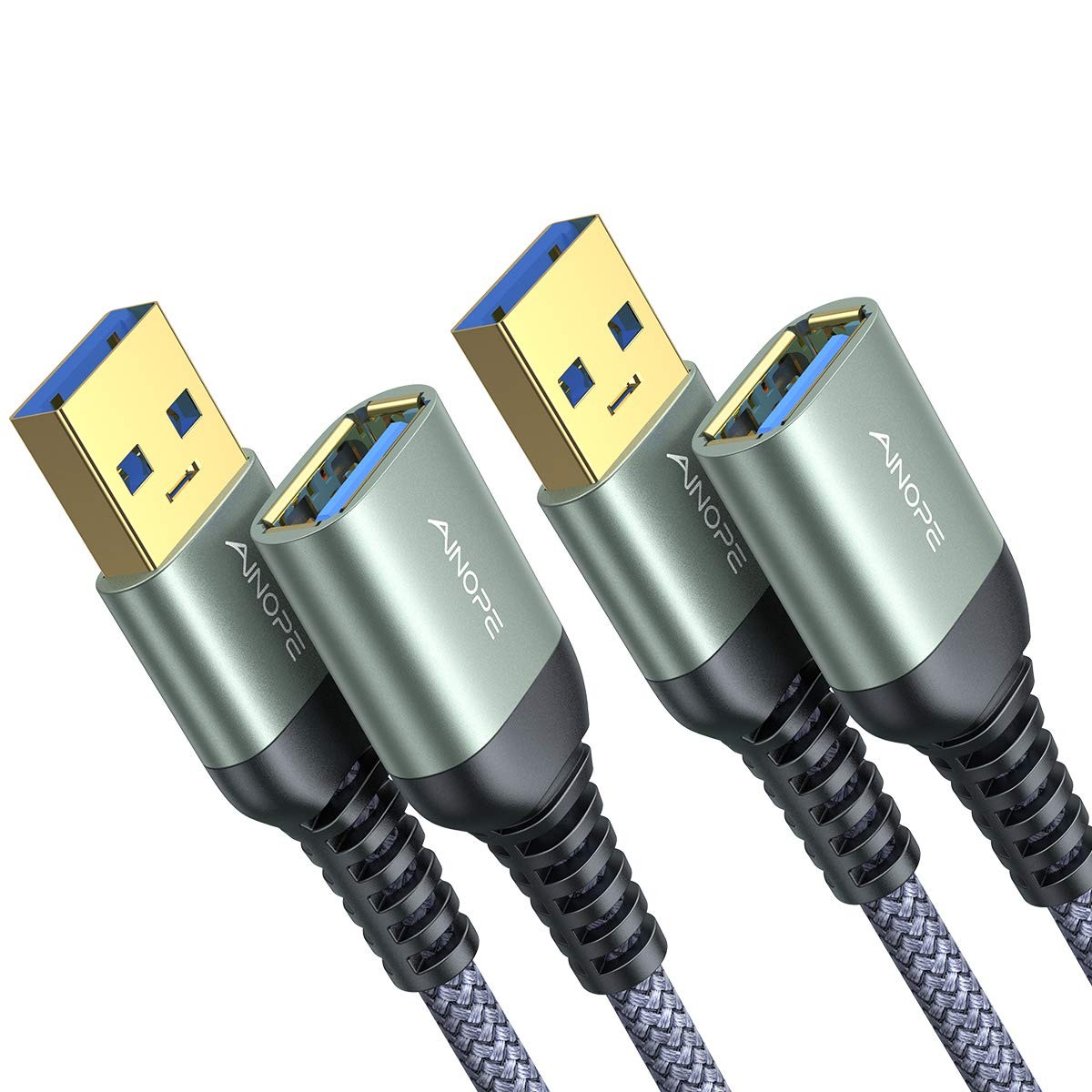 AINOPE 2 Pack USB Extensions Cable High Speed 3.0 10FT+10FT, Grey 
