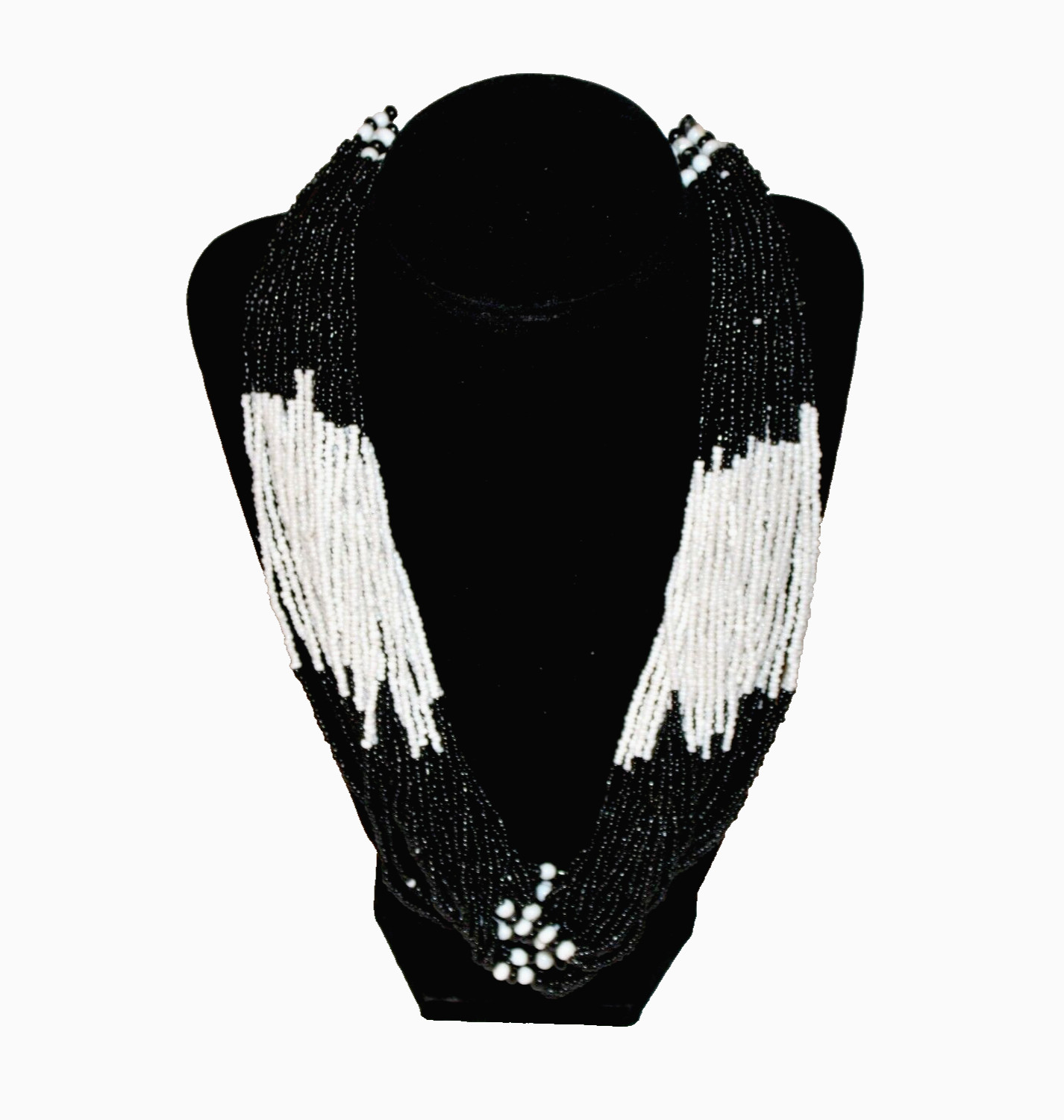 VTG Seed Bead Multi-Strand Necklace Black White Statement Hook Clasp Costume 22"