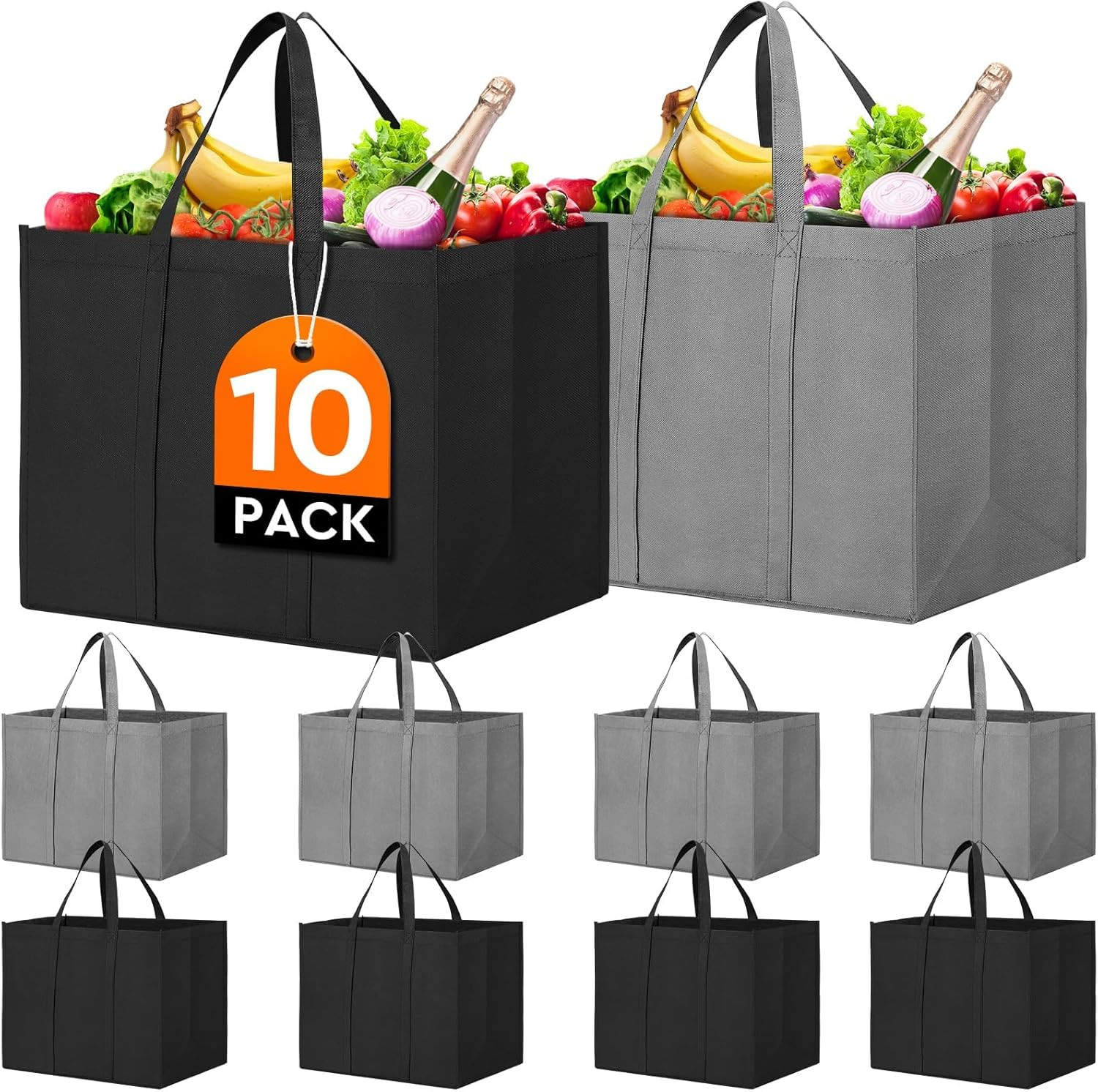 Reusable Grocery Shopping Bags 10 Pack Large Foldable Tote Bags Bulk, Eco Produc