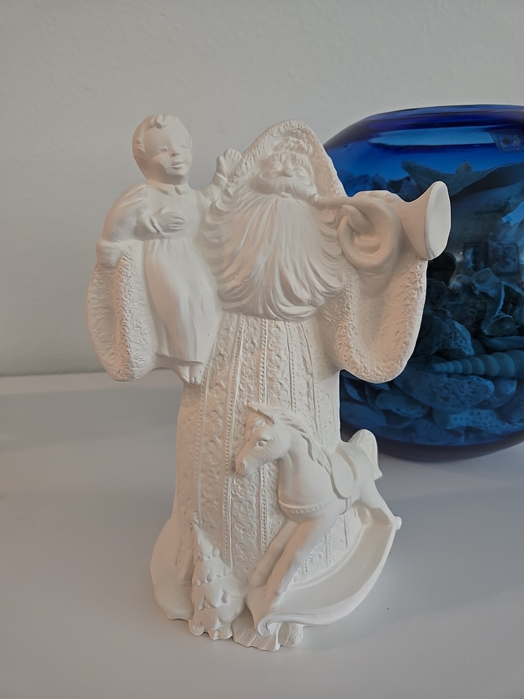 READY TO PAINT Ceramic 9.25" Santa Rocking Horse Child Horn FATHER CHRISTMAS