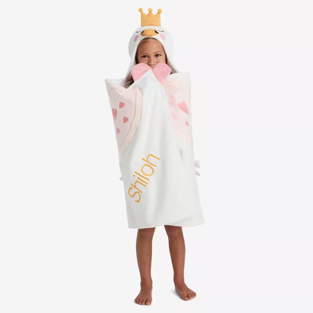 White/Pink Swan Princess Character Hooded Bath Towel