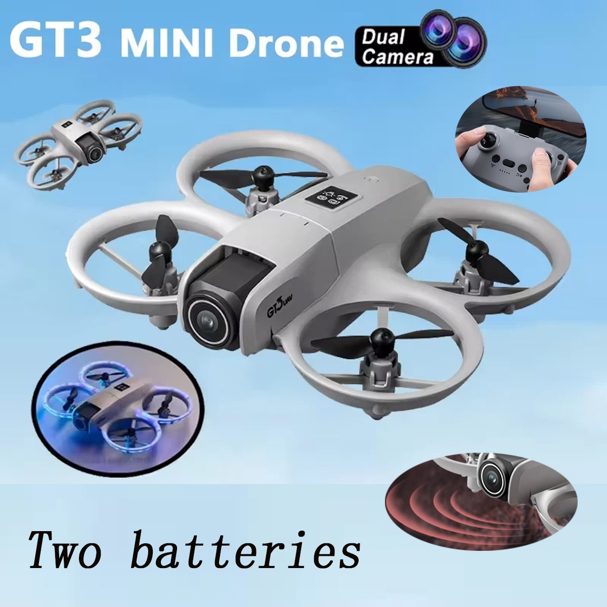NEW GT3 Mini RC Drone,Dual HD Camera,LED Lights, 360° Flip,Obstacle Avoidance