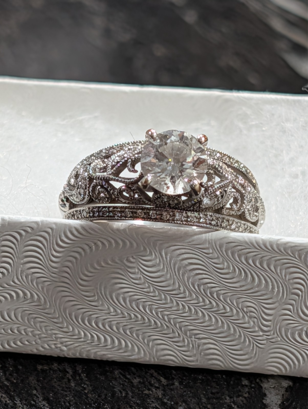 Ladies 0.96 CT Engagement Ring with Double Wedding Band (14K White Gold)