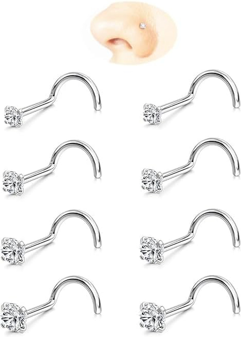8PCS 20G Stainless Steel Nose Studs Screw Back CZ Silver Set