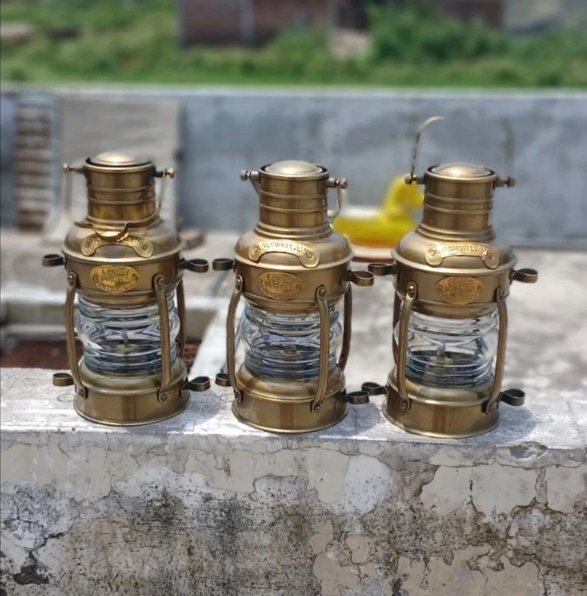 3x Vintage Nautical Ship Lantern Oil Lamps – Maritime Brass Lighthouse Décor