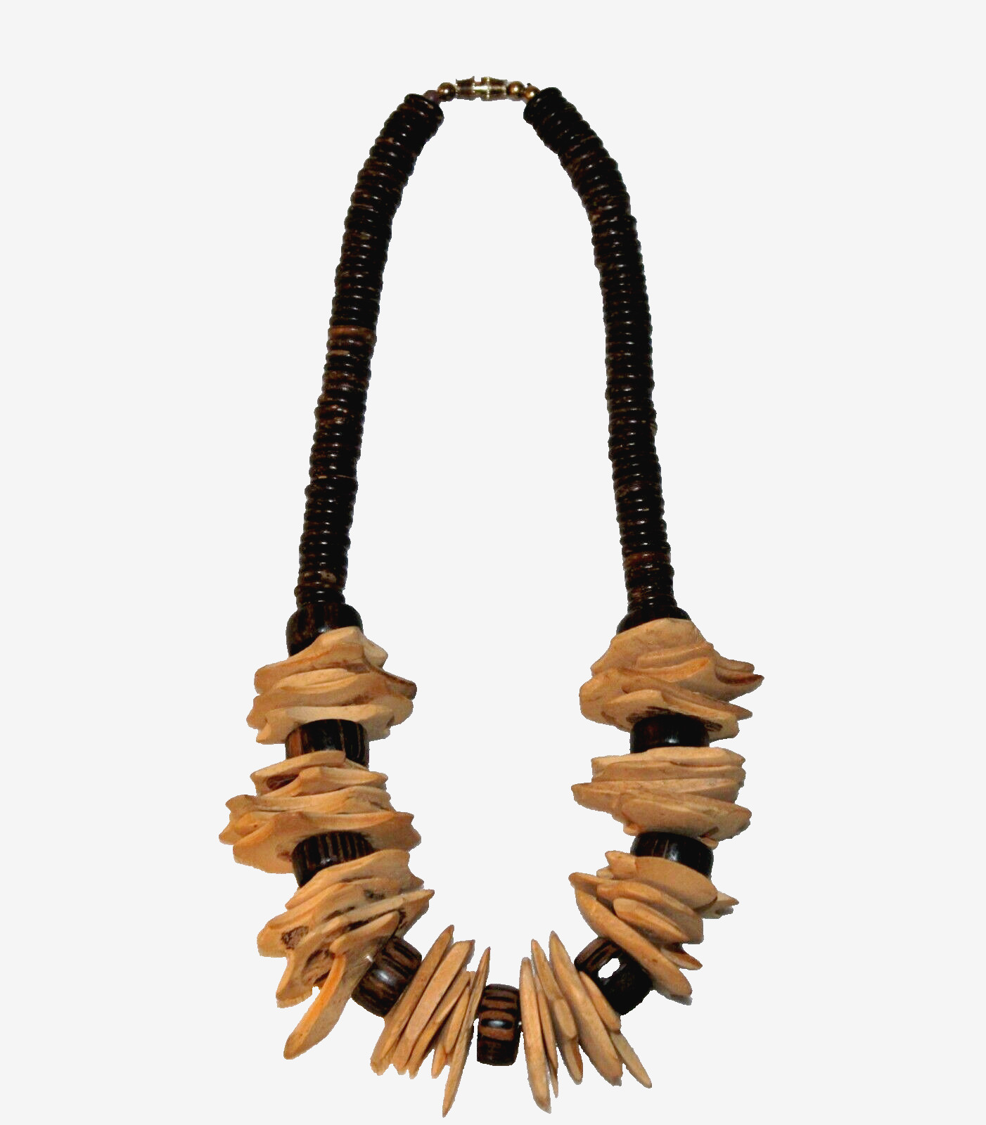 VTG Wood Disc Chunky Tribal Necklace Beaded Brown Natural Statement BOHO