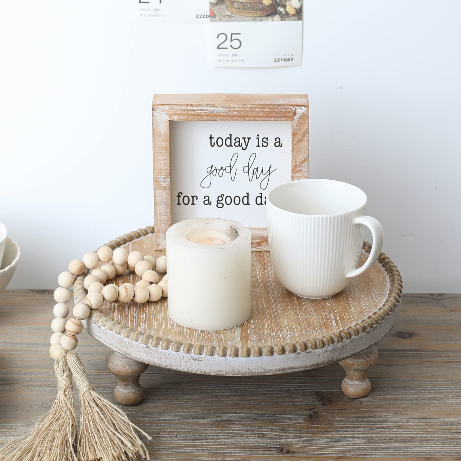 Rustic Round Wood Tray Riser Farmhouse Pedestal Stand With Beaded Edge for De...