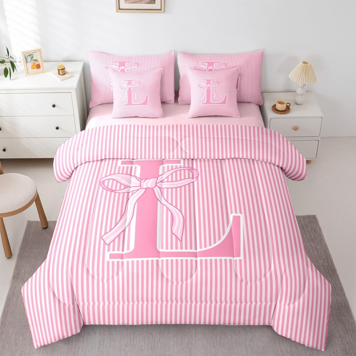 Pink Bowknot Comforter Set Full Size 7 Pieces Dreamy Princess Bow Bedding Set fo