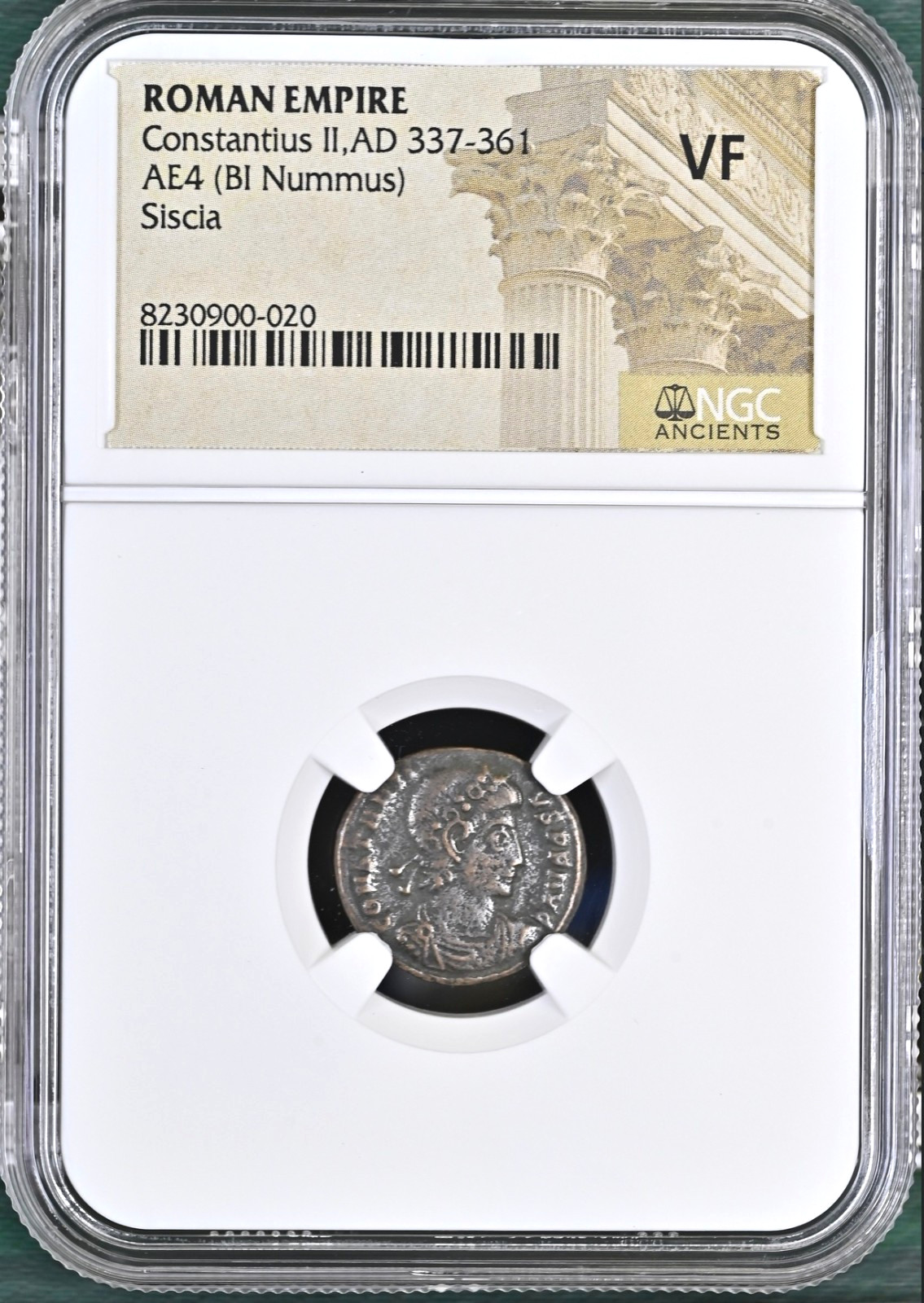 ROMAN CONSTANTIUS II, AD 337-361, AE4 BI NUMMUS SISCIA MINT NGC VF 900020