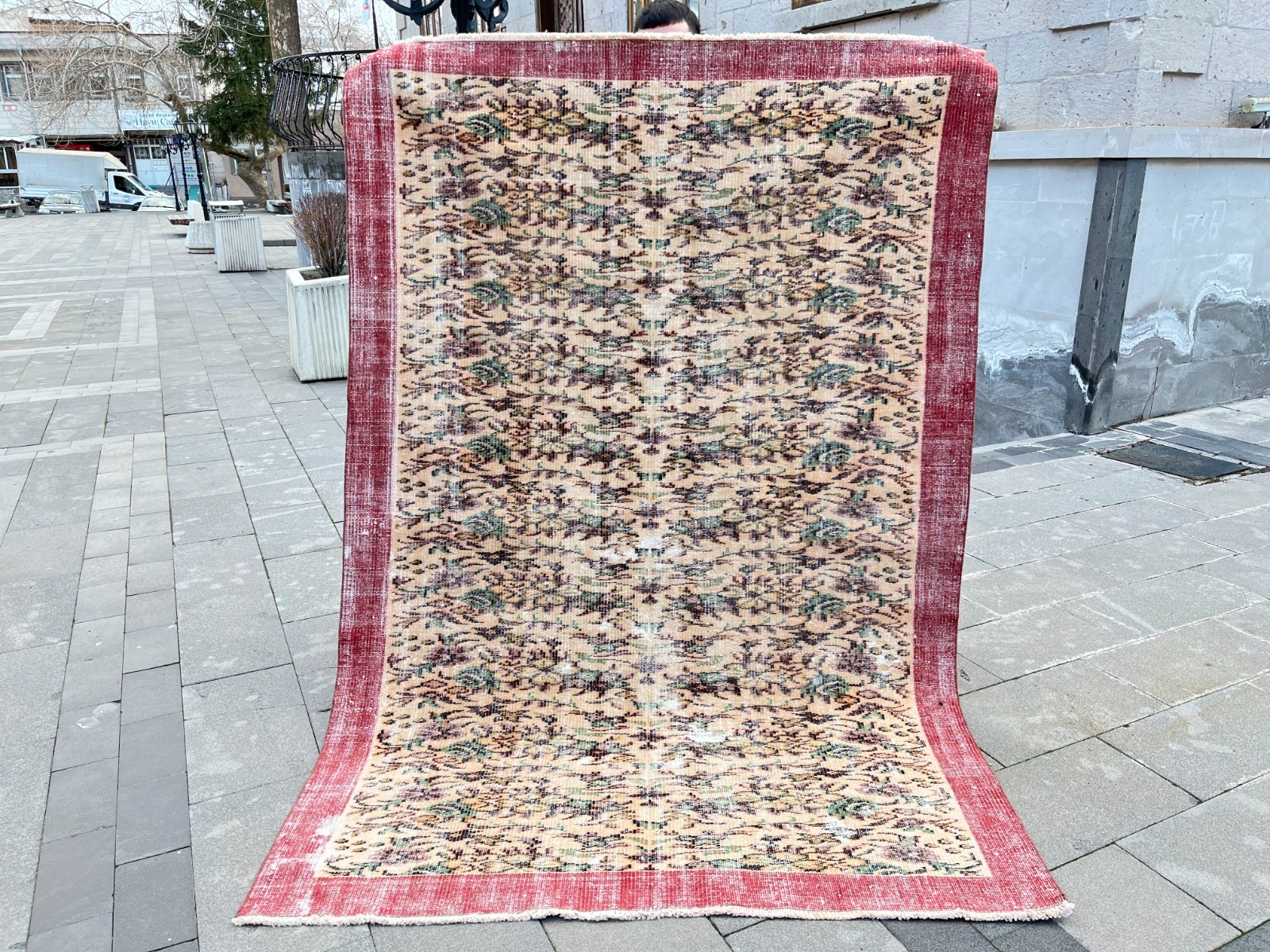 Hand Knotted 5.4x8.1 Turkish Oushak Rug Vintage Floral Cream Red Wool Carpet