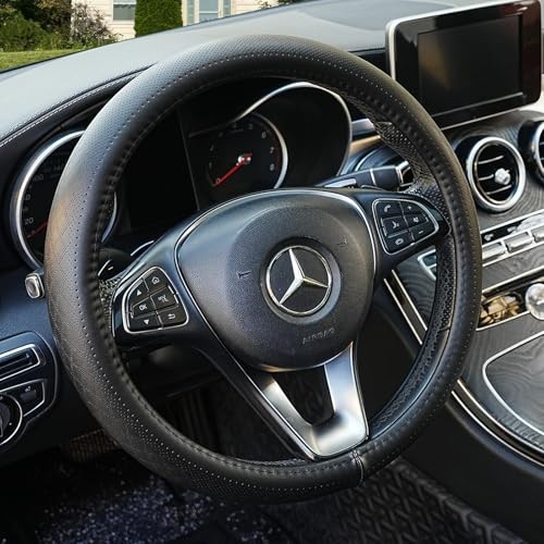 Black Genuine Leather Car Steering Wheel Cover Men Women,Cowhide Wheel 