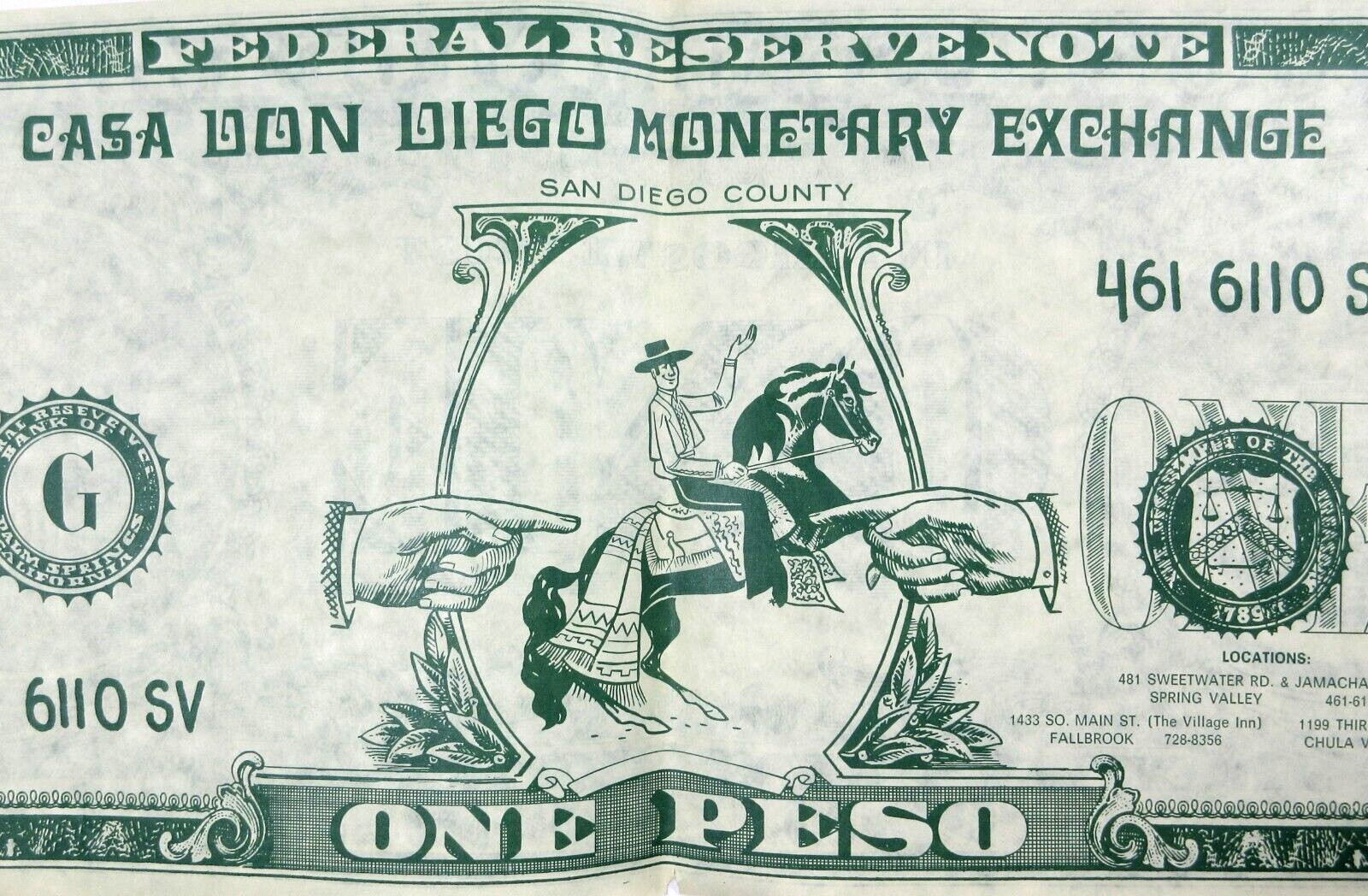 Vintage Mexican Restaurant Souvenir Dollar Casa Don Diego Spring Valley CA 1970s