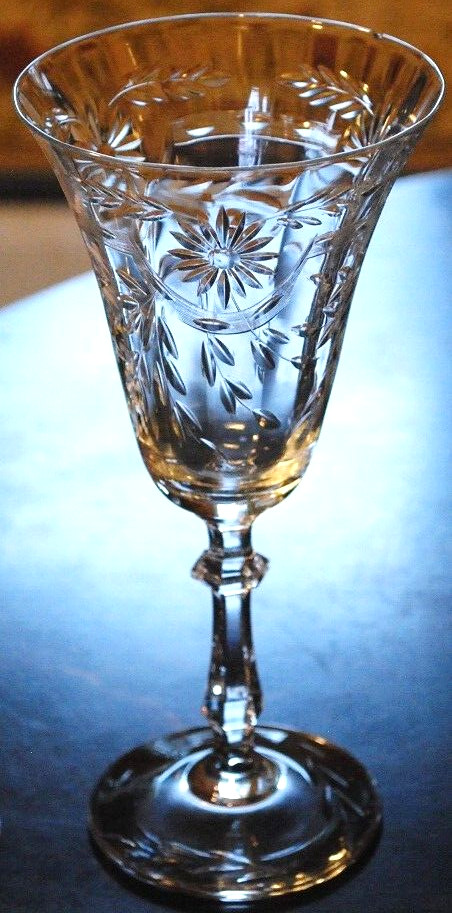 SENECA Antique Set 4 ETCHED CRYSTAL WATER GOBLET GLASSES Hand Blown OPTIC Floral