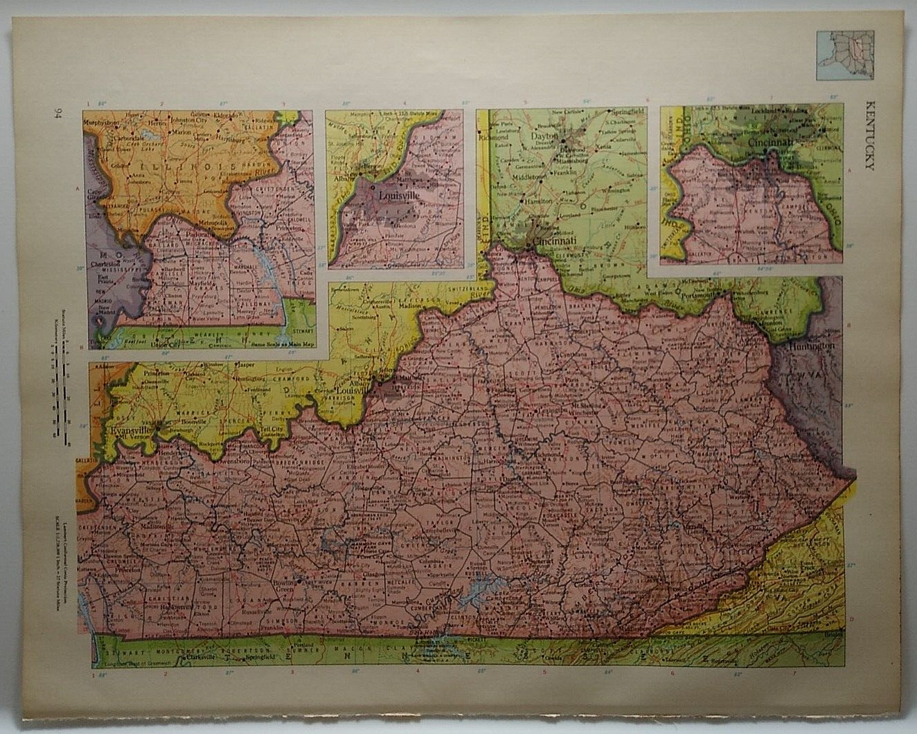 Vintage KENTUCKY Atlas Map 1965 MSM Rand McNally Cosmopolitan World Atlas