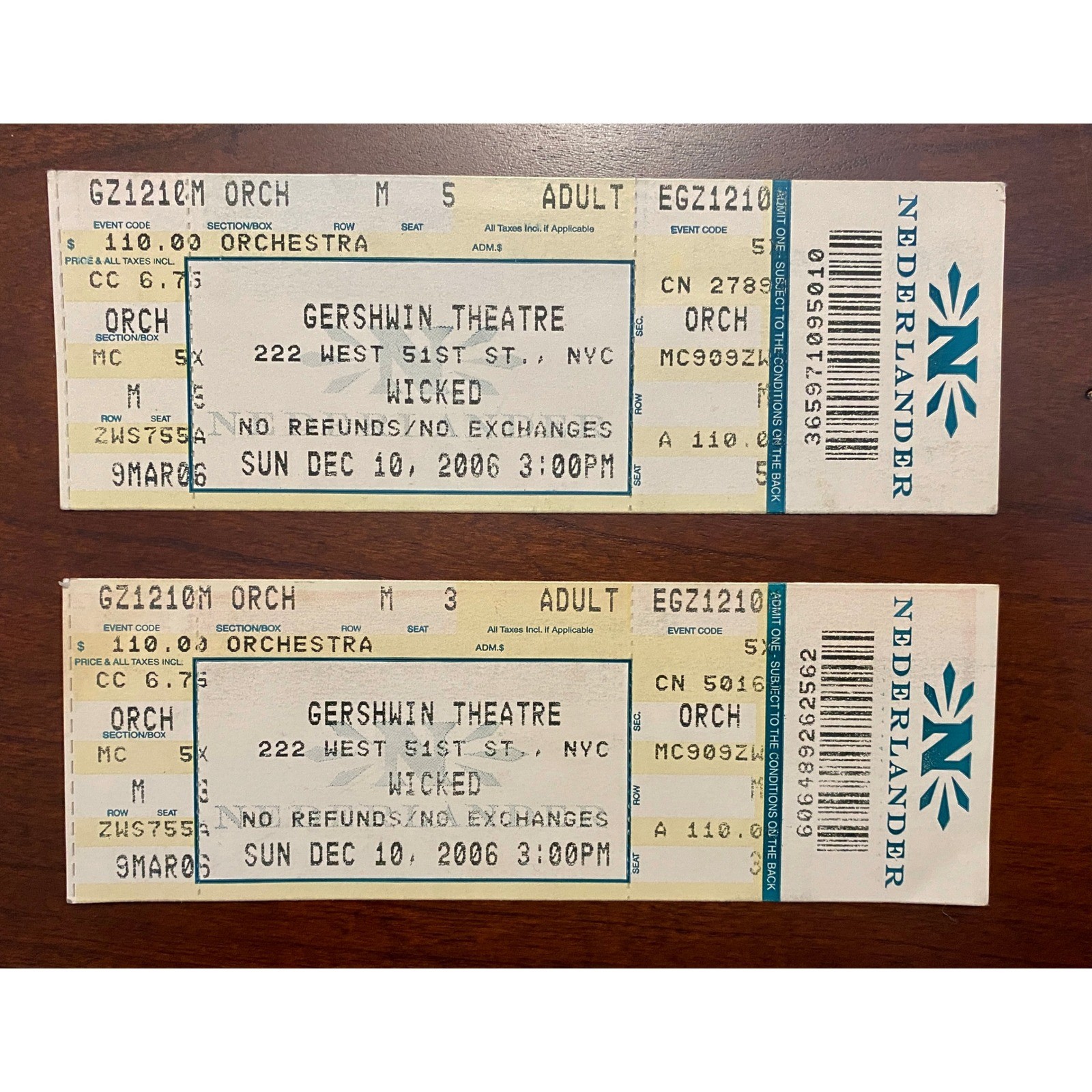 Wicked 2006 Broadway Gershwin Theatre NYC 12/10 Ticket Stubs 2
