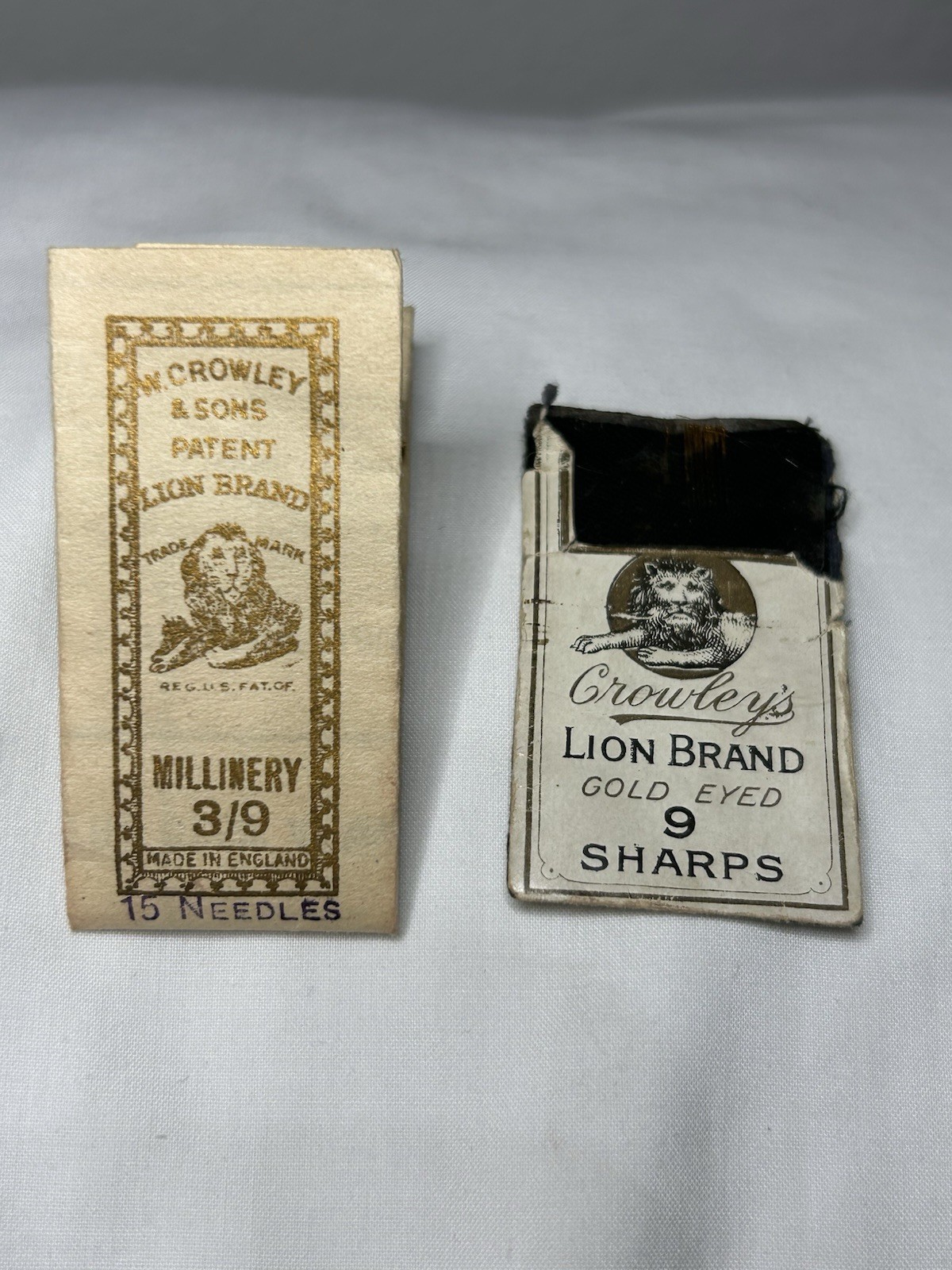 Antique Vintage Crowley's Lion Sewing Needle Lot Of 2 Gold Eye Sharps Millinery