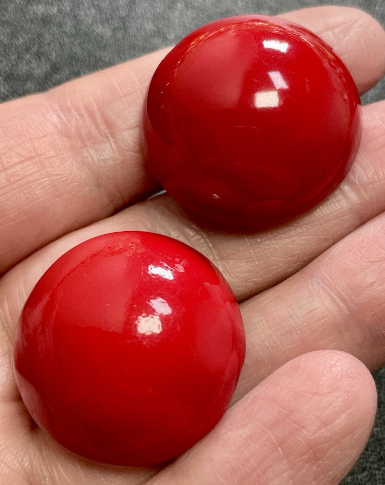 Vintage Large 1.2” Red Enameled Metal Dome Retro Clip Earrings
