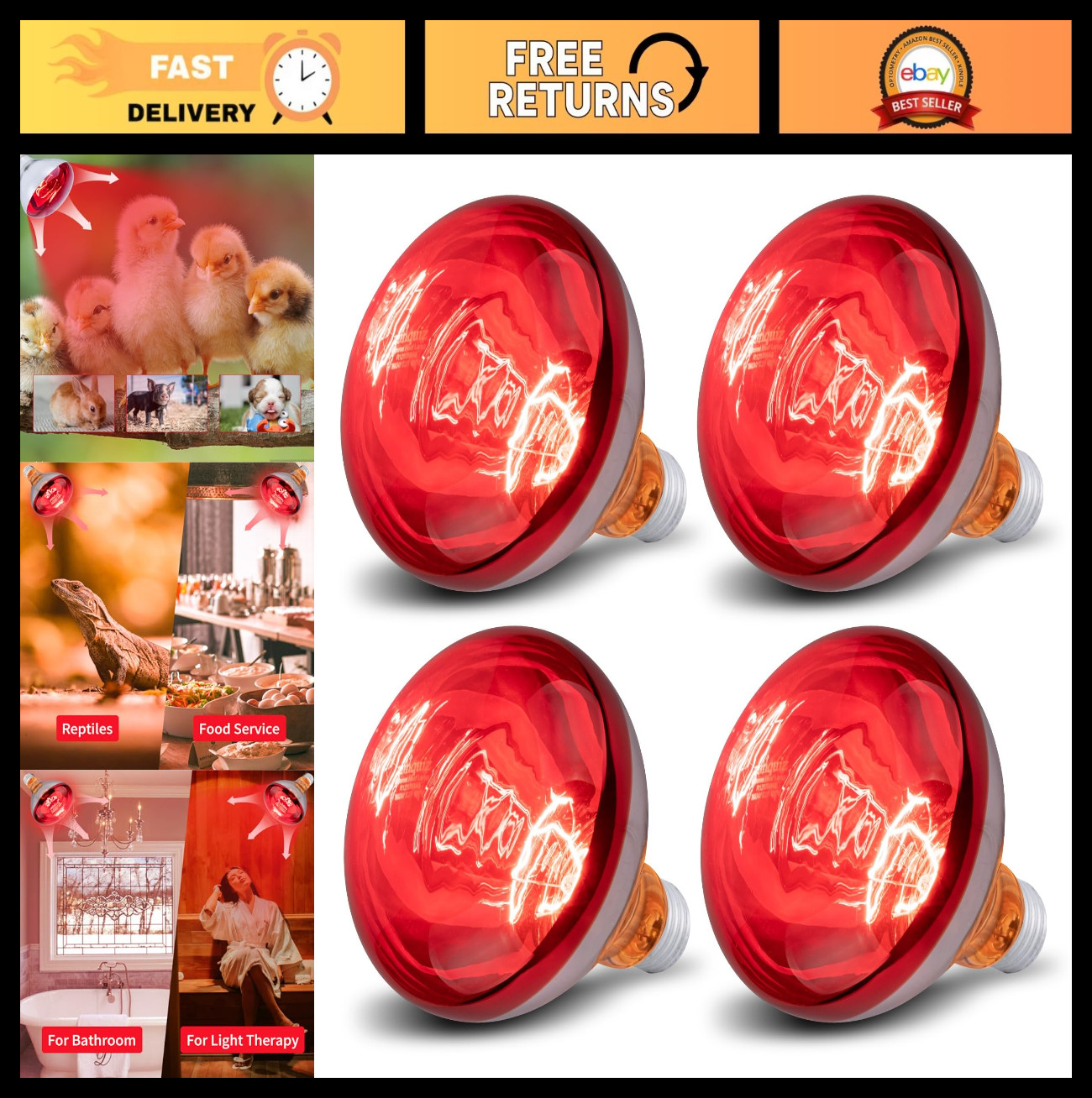 4 Pack 250W Infrared Heat Lamp Bulbs for Brooder, Chickens, Pets & Food