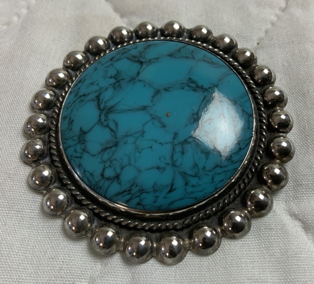 Vintage Sterling Silver Pin, Mexico, Round With Turquoise Stone