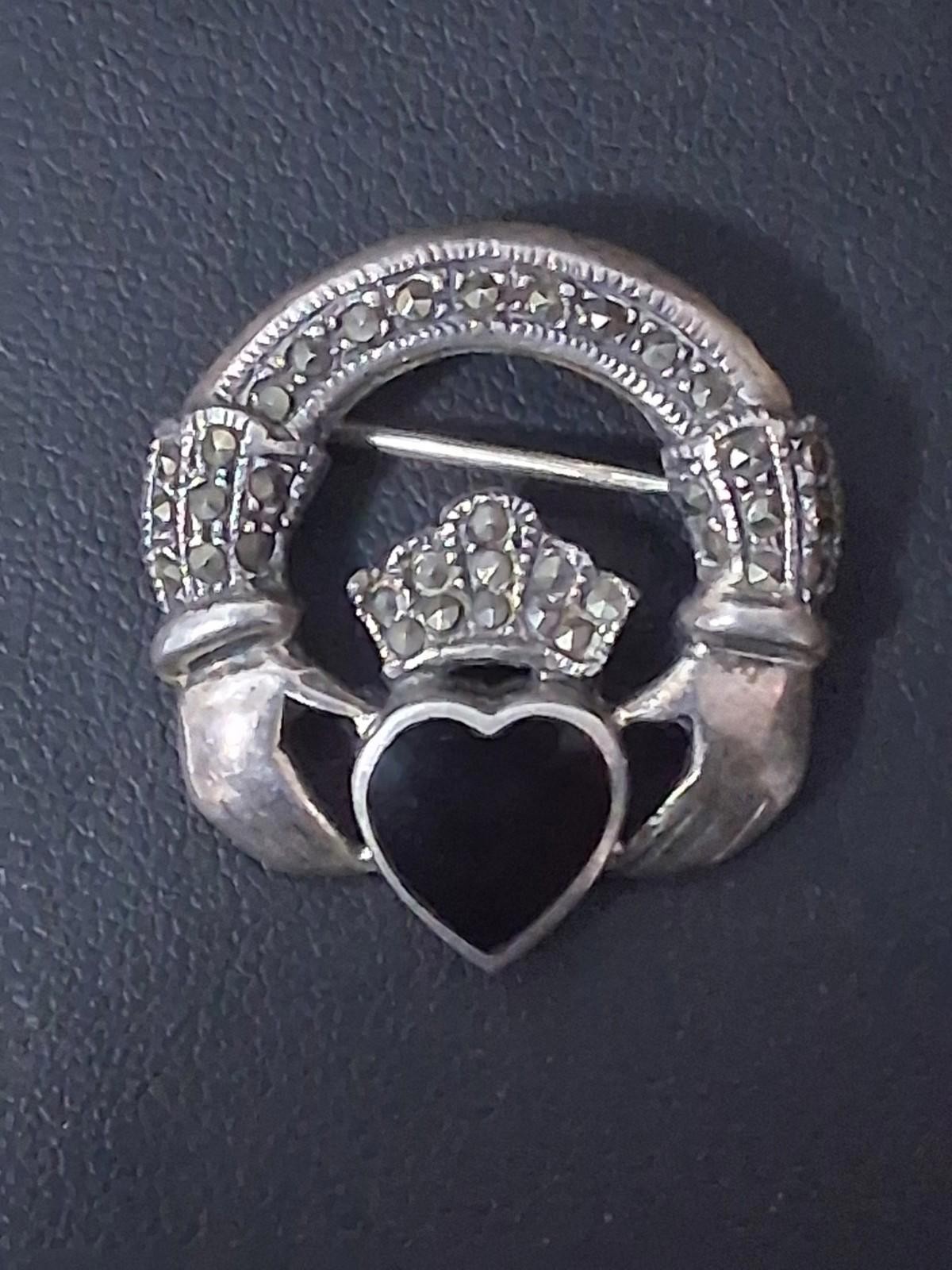 Vintage 925 Sterling Silver Onyx Marcasite Irish Claddagh Brooch Pin As Is
