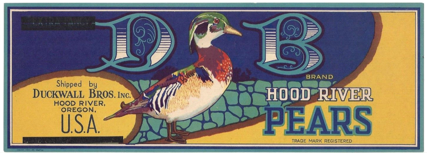 Original 1920s DB pear crate label Hood River Oregon Duckwall Bros. Inc. lug