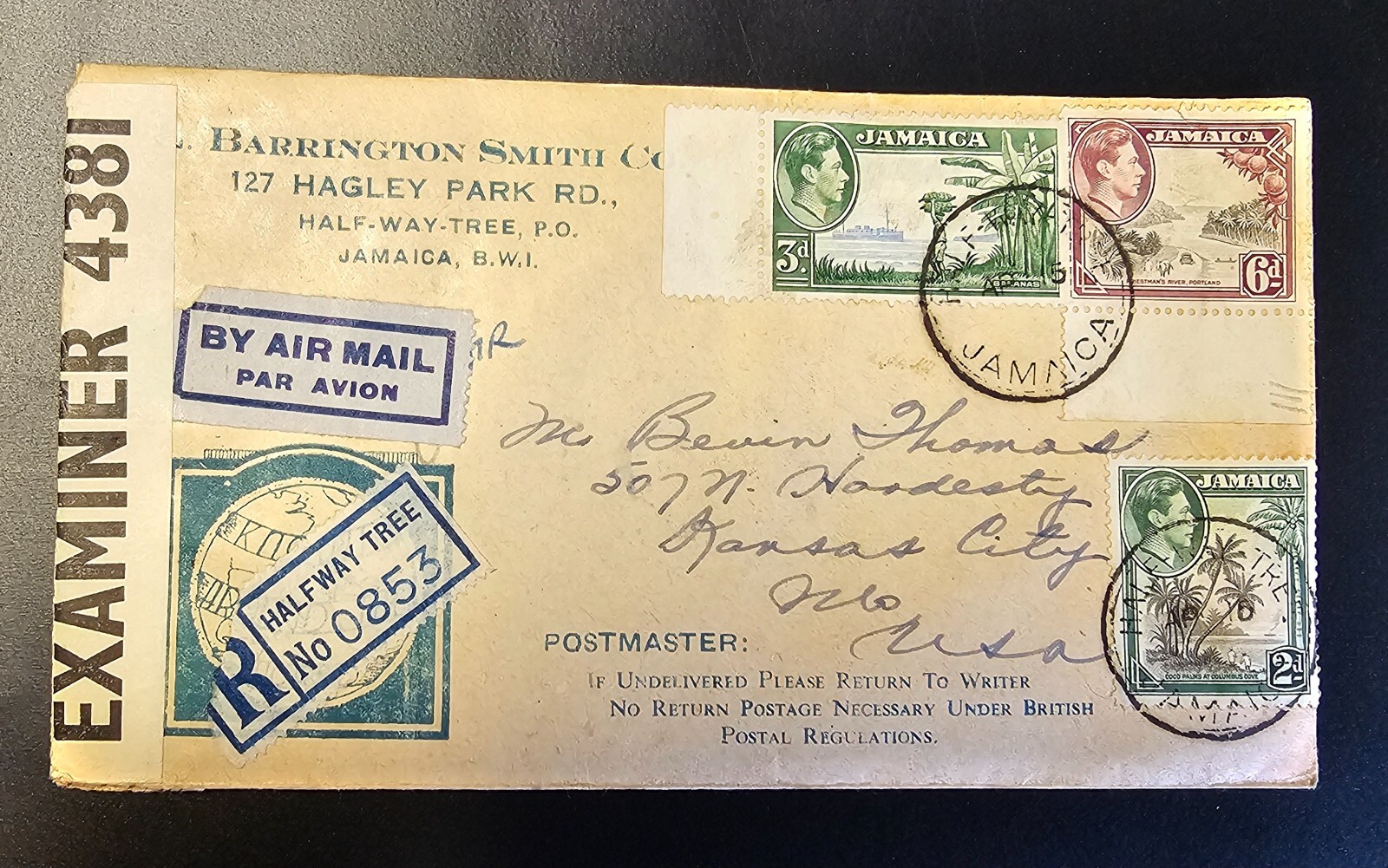 JAMAICA 1944 WORLD WAR WWII Cover Examined Postmark HALF-WAY-TREE Kansas City MO