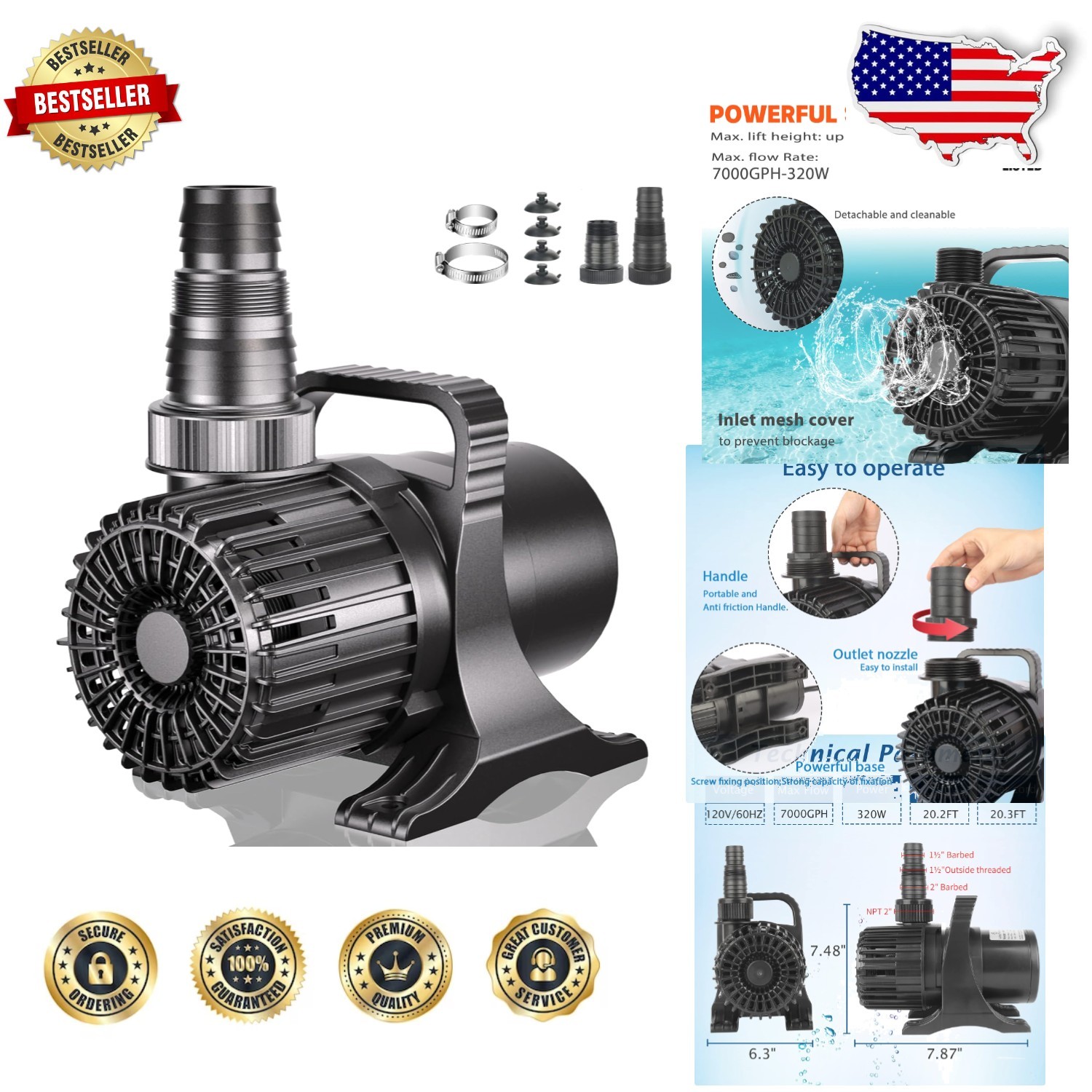 Durable Pond Pump 7000 GPH 320W  Listed Amphibious Submersible Quiet Aquarium