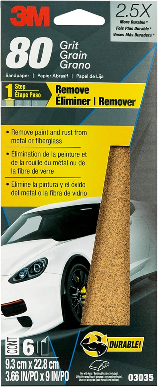 3M Sandpaper, 03035, 80 Grit, 3 2/3 in x 9 in, 6 Sheets - Yellow - 80 Grit