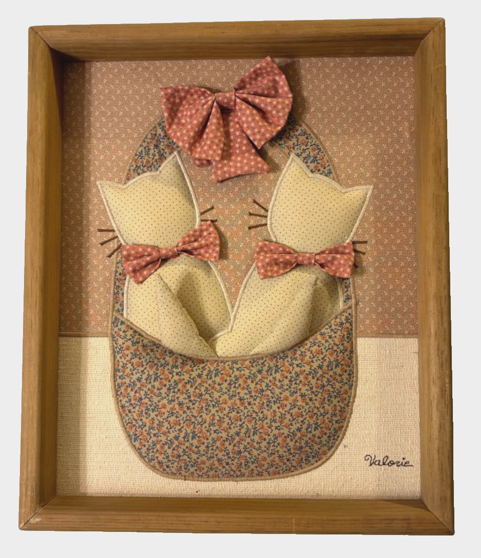 Valorie Sockwell Folk Art Appliqué Cats In Basket 3D Quilted Framed Vintage 1985