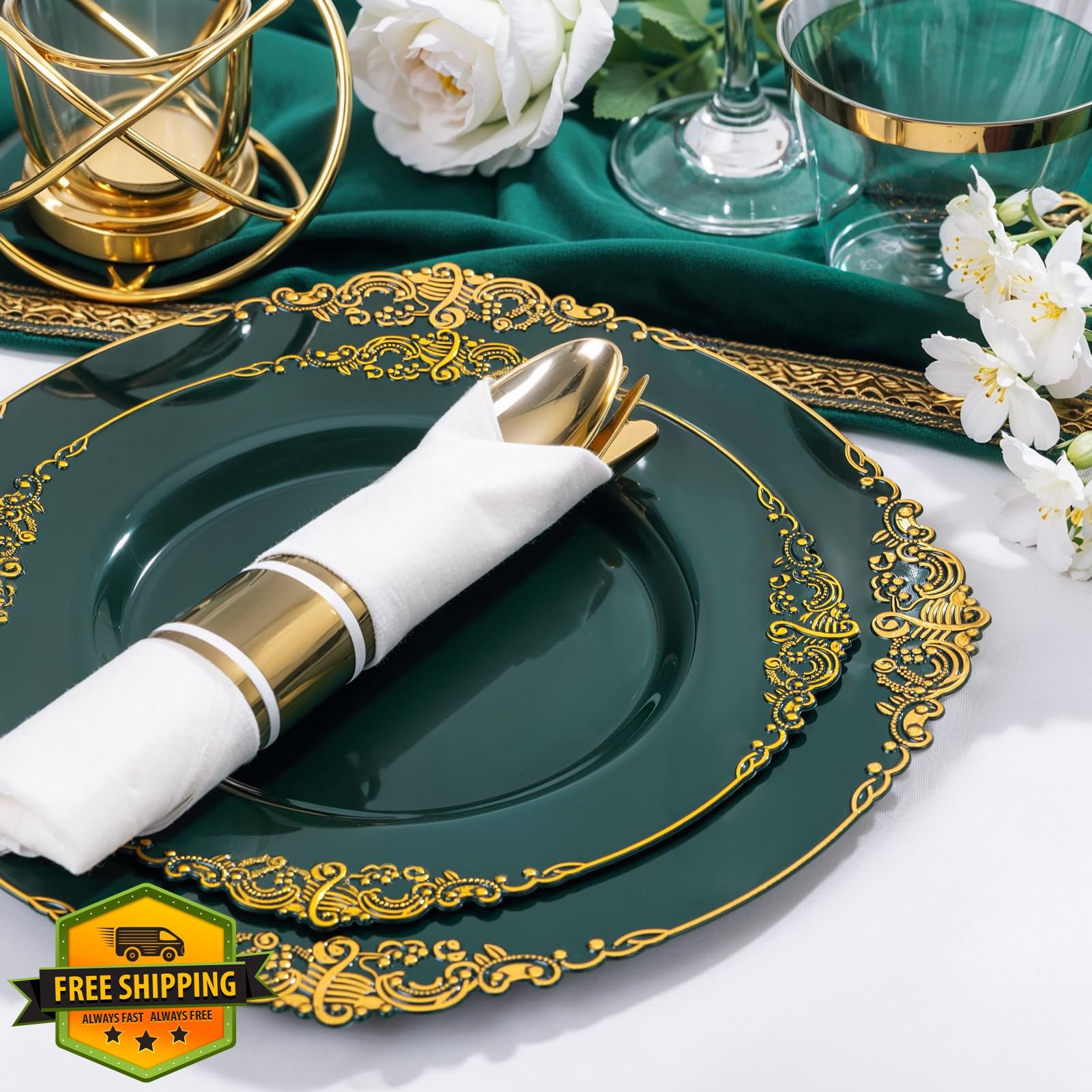 Nervure 175pc Green Gold Plates Set Cutlery Napkins Cups 25 Guests Party