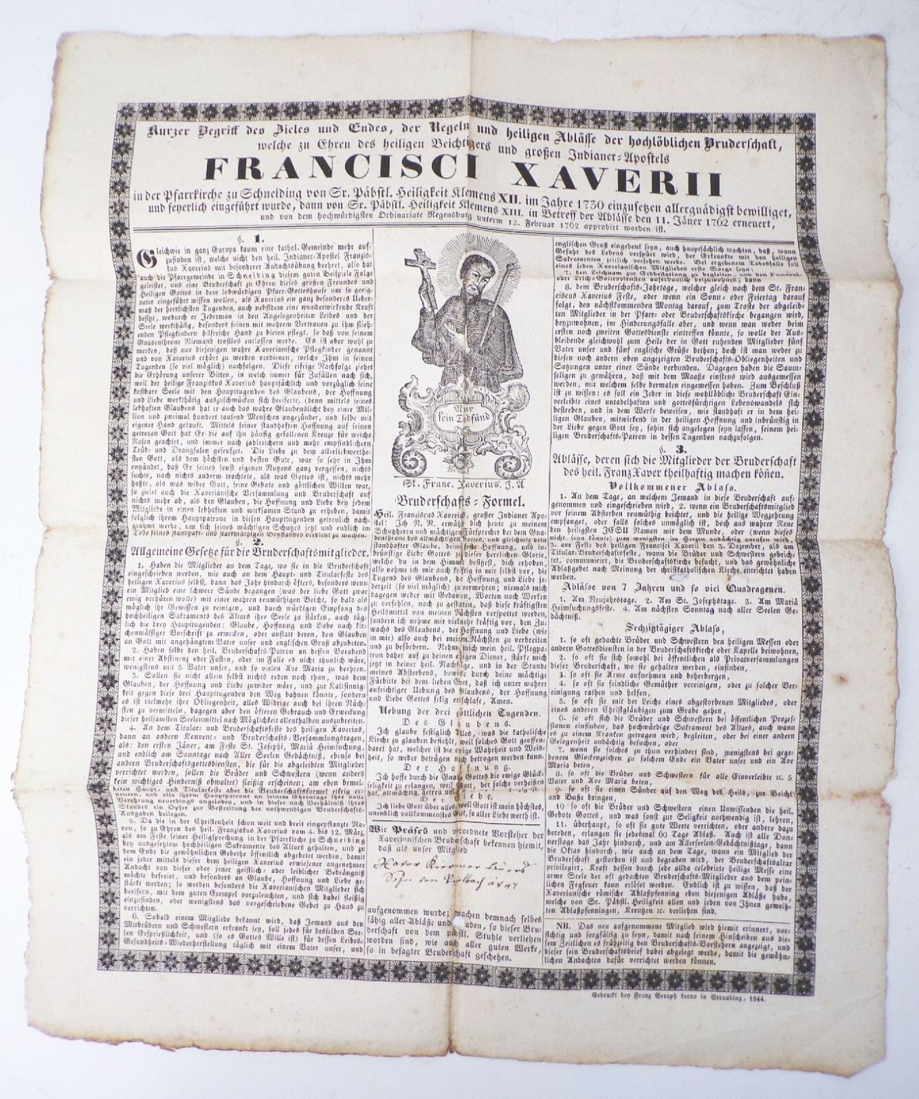 Certificate Cutting Inlet Brotherhood Francisci Xaverii 1847 Religion