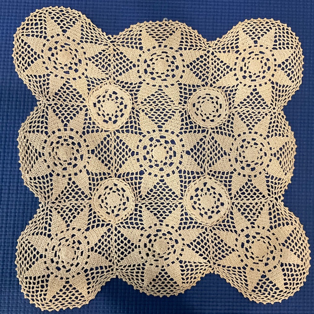 Vintage Handmade crocheted  Doily  beige 12 inch square Retro Cottage Core